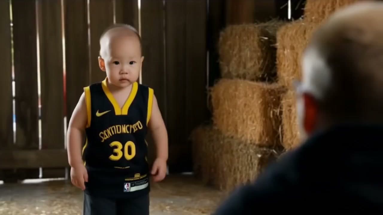 A child dancing on tiptoe in a barn with hay bales behind.