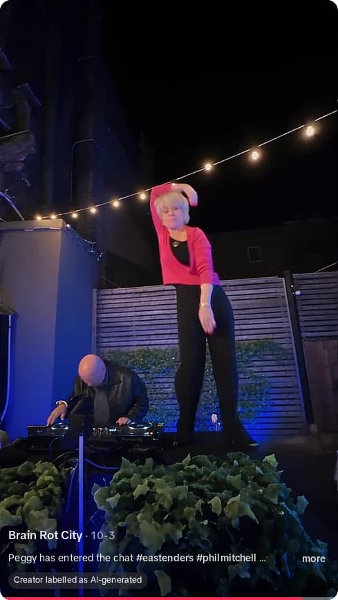 Brain Rot City TikTok showing the dancing scene, caption and creator's AI-generated label