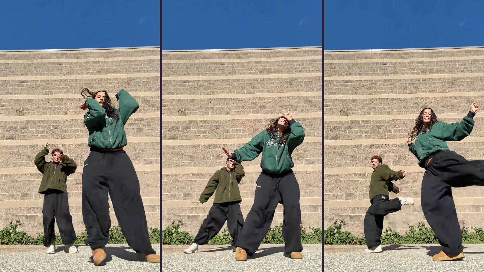 Three moments from the same two-person dance clip, showing both dancers and their changing poses.