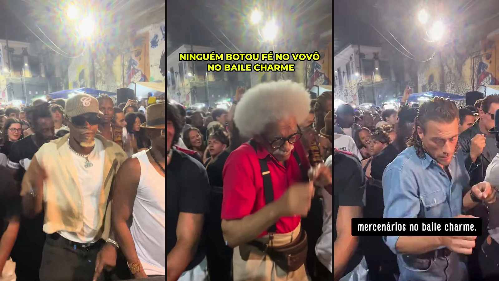 Three separate video stills: the red-shirt lead and the man in a brown hat, Seu Zé with the grandpa caption, and a Van Damme-styled dancer on the same stone street.