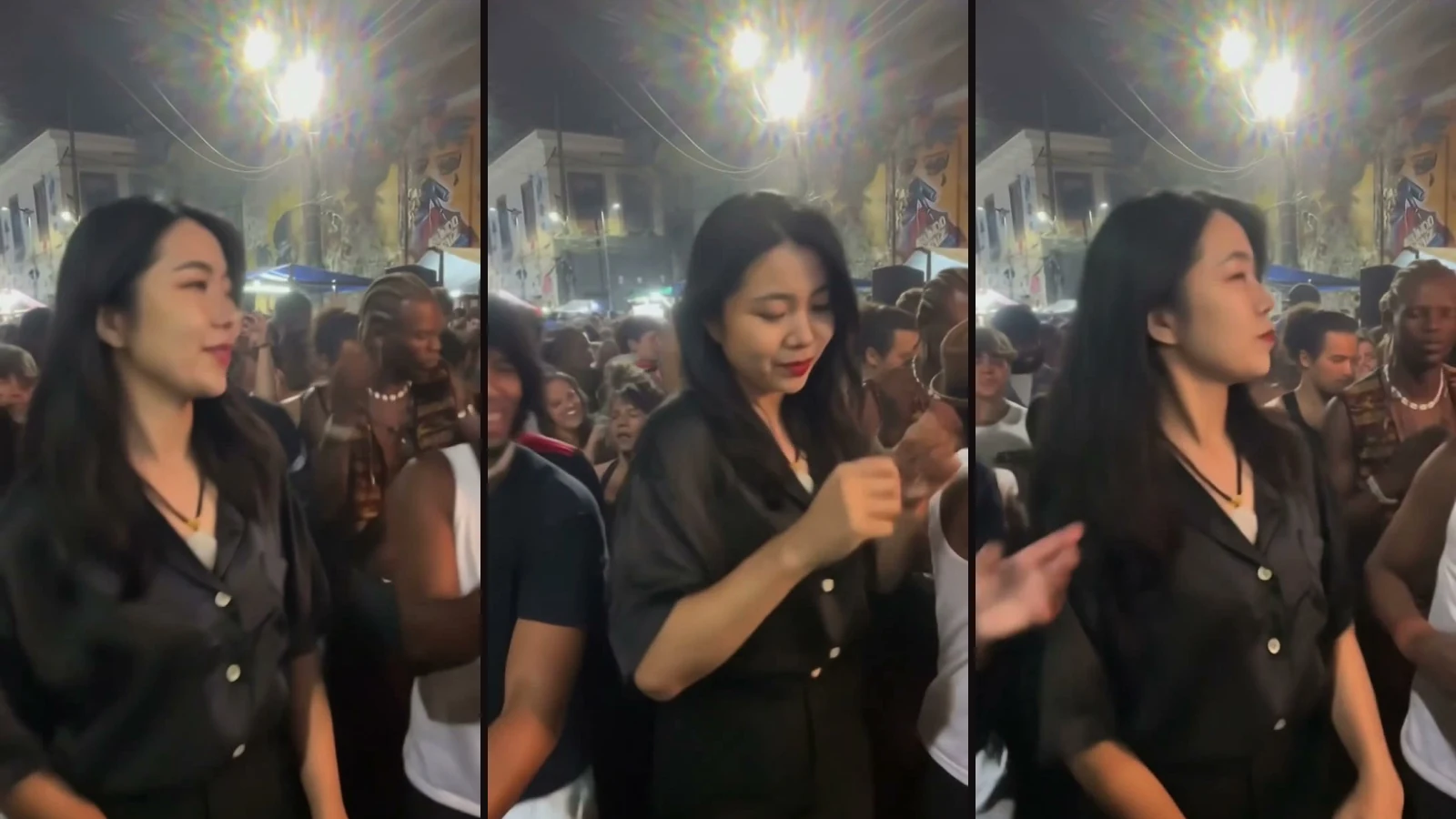 Three frames from the accepted Charme Dance AI example: a woman in a black shirt dances in front, and the man in the white tank top and brown hat remains behind her.