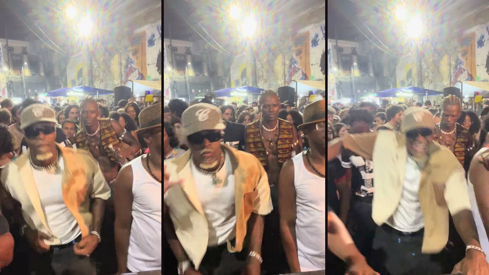Three frames from one street dance video, at 30, 50 and 80 seconds, showing the red-shirt lead and the man in the brown hat.