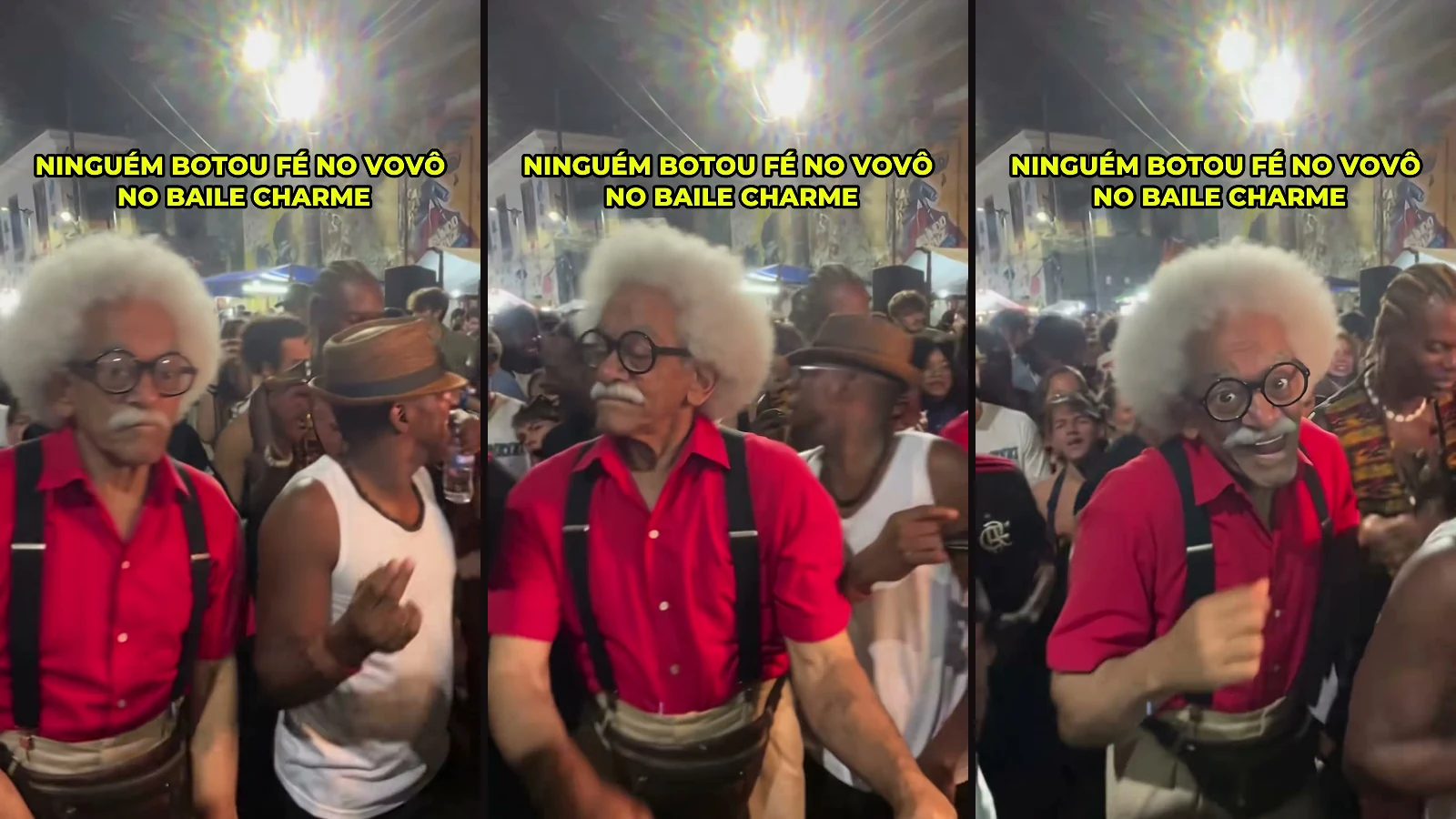 Three frames from the Seu Zé video, at 5, 14 and 20 seconds, showing the white-haired man in the red shirt dancing.