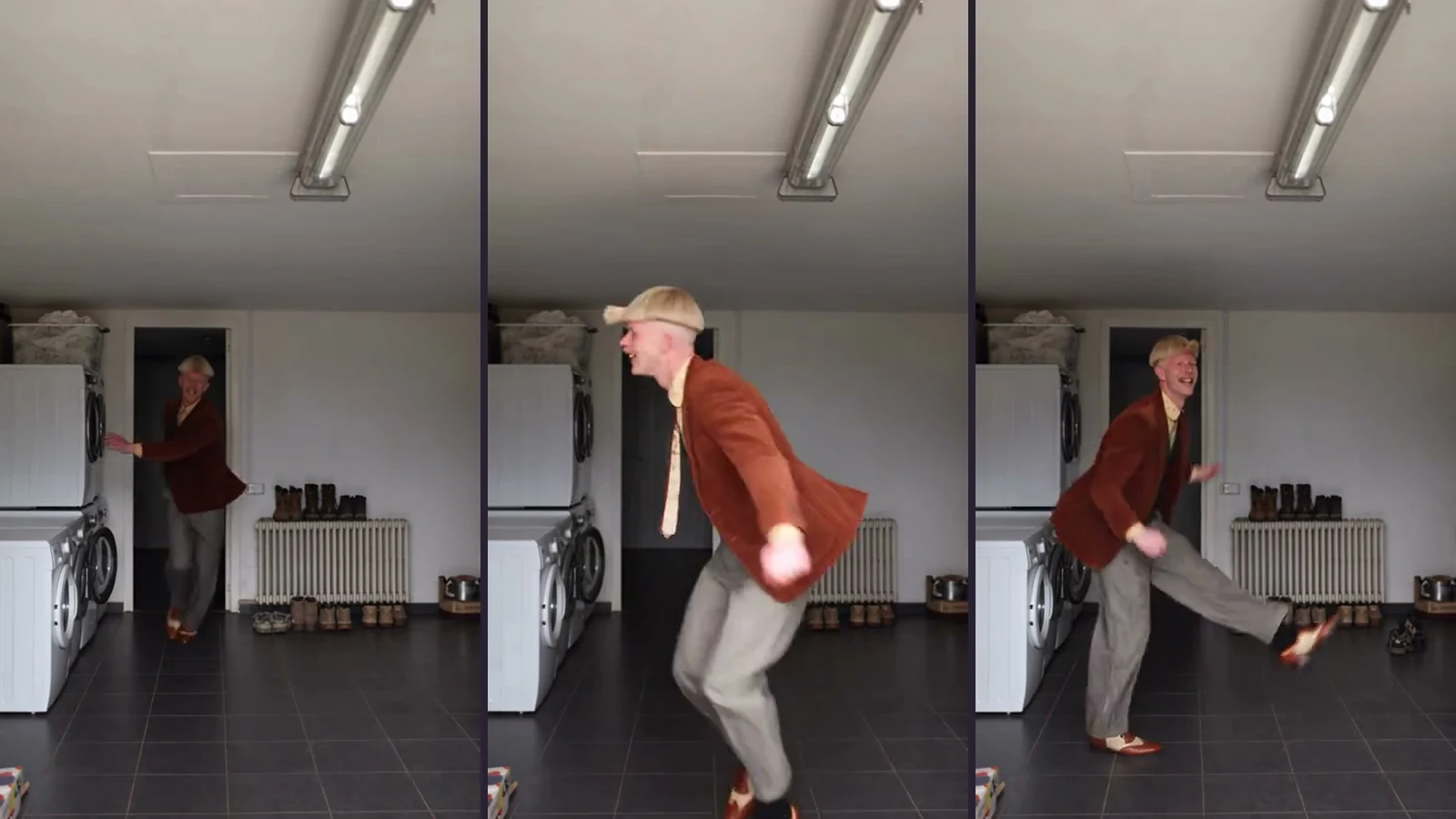 Three sequential frames from one laundry-room Toc Toc video, showing the dancer at one, three and six seconds.