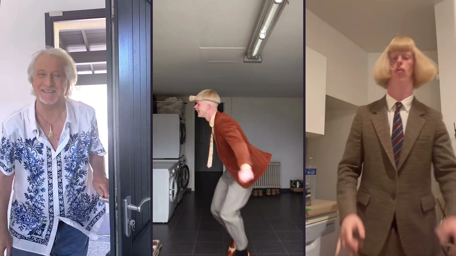 Three separate video stills: Patrick Sébastien at a door, a Toc Toc laundry-room dancer and Jean Phil in a brown suit.