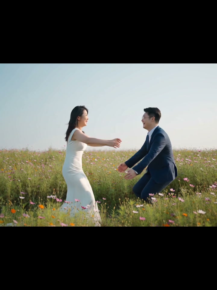 Two adults reaching toward each other in a sunlit flower meadow, from the approved Zombie AI example.